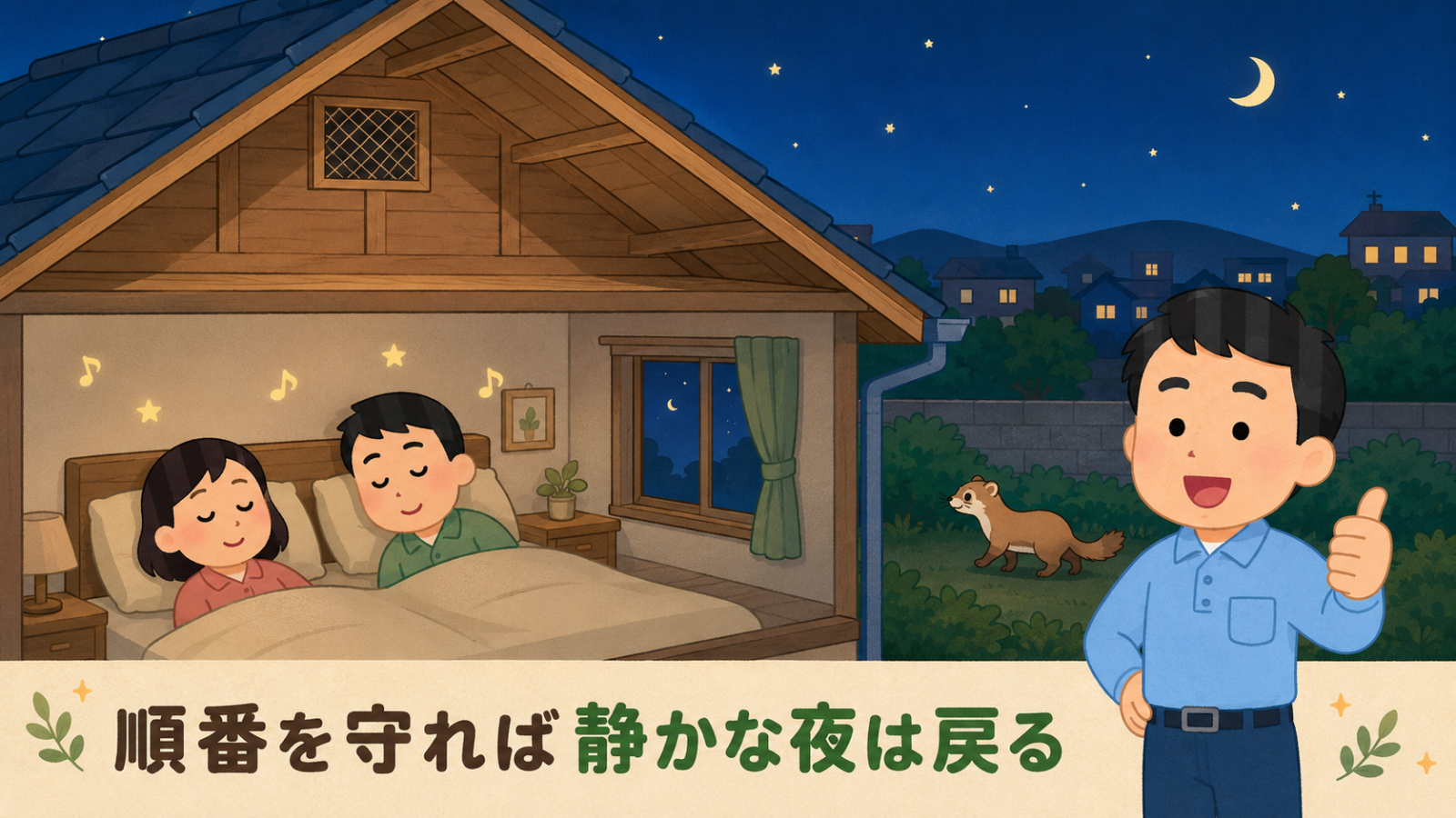 イタチの追い出しと封鎖を終えた家のまとめイラスト。夜の住宅の断面図で、夫婦が静かな寝室でぐっすり眠り、屋根裏は空っぽで通風口には金網が取り付けられている。家の外の草むらへイタチが歩いて帰っていき、右で守谷タクミが親指を立てて、順番を守れば静かな夜は戻ると伝えている。