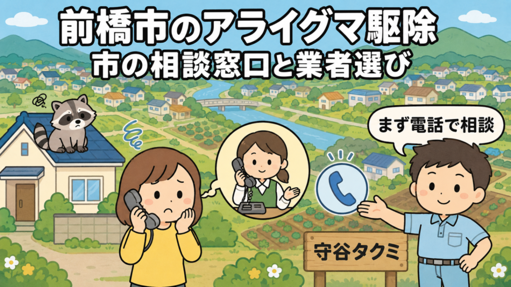 前橋市のアライグマ駆除と相談窓口を案内するイラスト。屋根にアライグマが現れた家で困り顔の女性が電話をかけ、その先で市の相談窓口の職員が対応している。右側で作業着姿の守谷タクミが「まず電話で相談」と案内し、背景には赤城山麓の緑と川、住宅と畑が混ざる前橋市らしい街並みが広がっている。