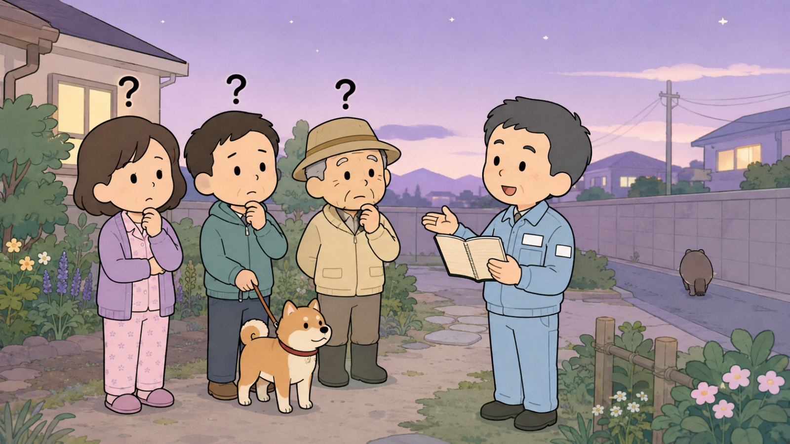 タヌキに似た動物に関するよくある質問のイラスト。夜明け前の住宅街で、パジャマ姿の女性、柴犬を連れた男性、帽子をかぶった高齢の男性がそれぞれ疑問符を浮かべ、右で作業着姿の守谷タクミがノートを見せながら答えている。塀のそばを小さな動物が歩いている。