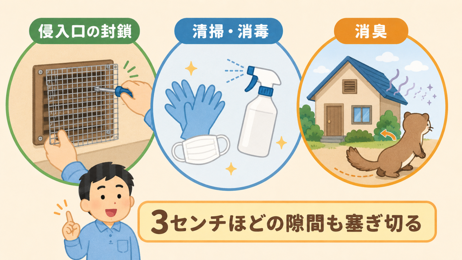 イタチを追い出した後の再発防止3点を示した図解。通風口に金網をねじで固定する侵入口の封鎖、手袋とマスクとスプレーボトルで表した清掃・消毒、においが消えていく家とあきらめて引き返すイタチで表した消臭の3つを並べている。下に3センチほどの隙間も塞ぎ切るという守谷タクミの帯がある。