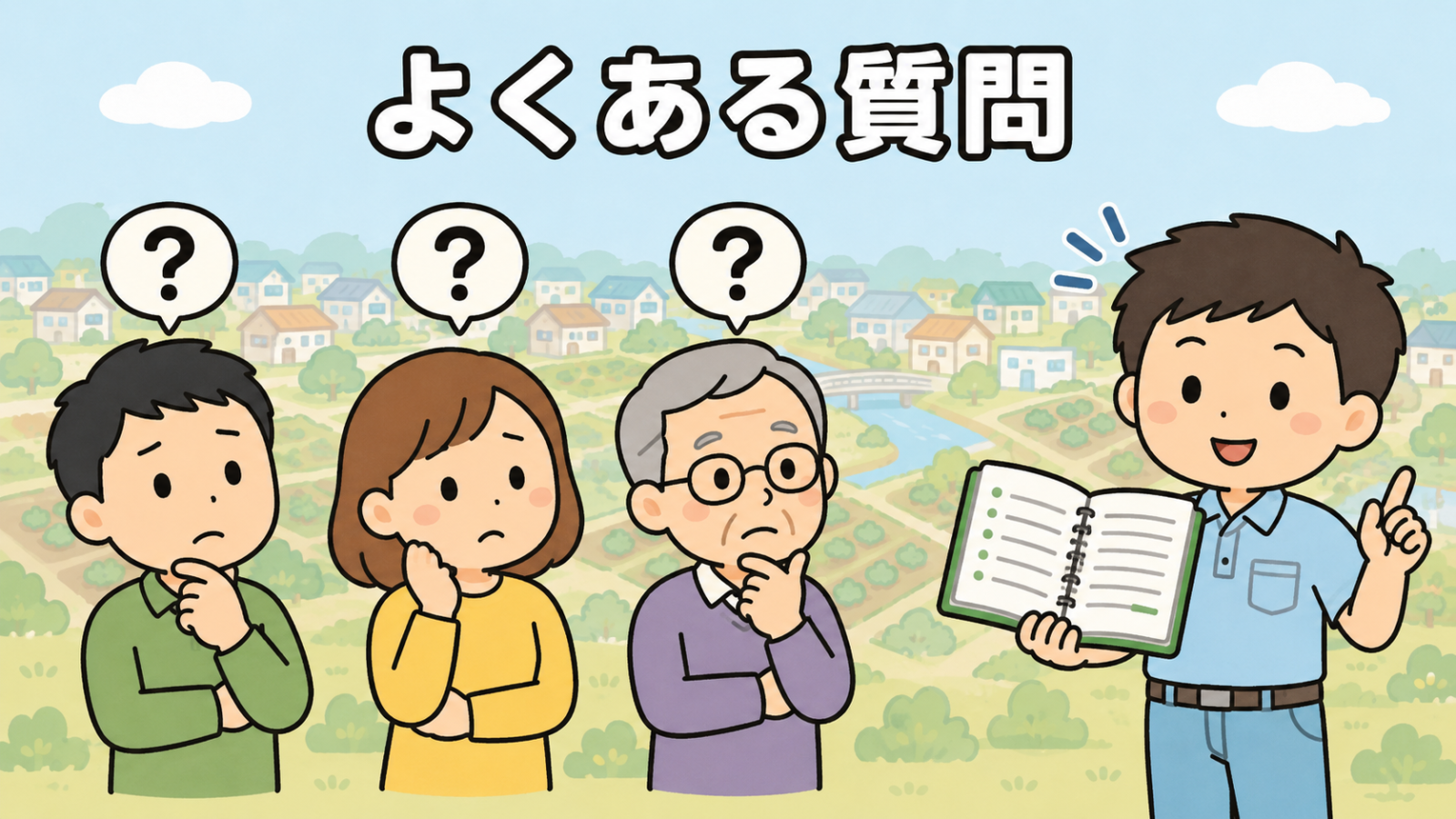 前橋市のアライグマ駆除に関するよくある質問のイラスト。住宅と農地が広がる前橋市らしい風景を背景に、疑問を持つ男性・女性・高齢者の3人の住人に向かって、守谷タクミが開いたノートを見せながら答えている場面を描き、相談前の不安を解消するセクションを表している。