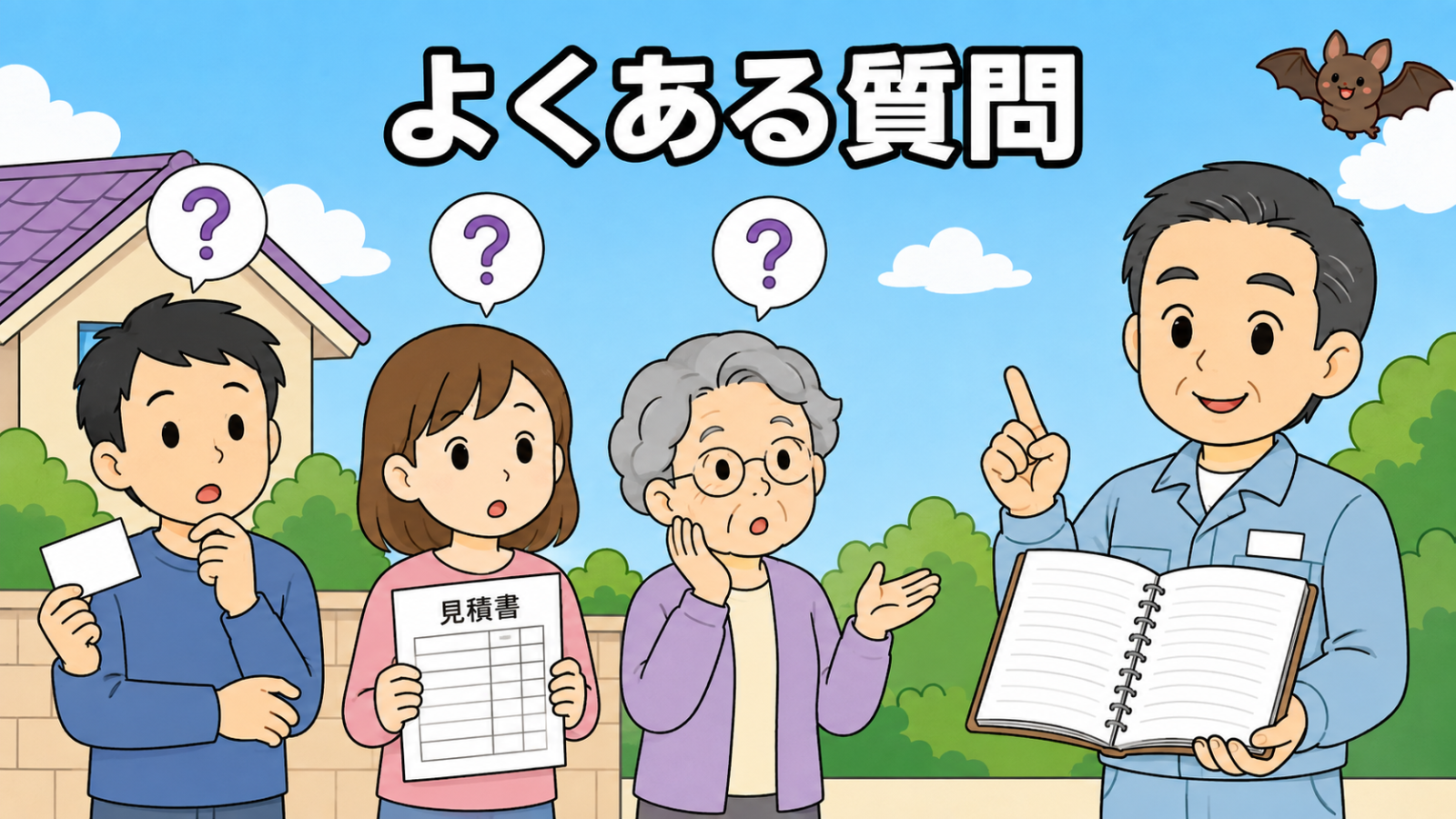 コウモリ駆除の業者選びに関するよくある質問のイラスト。名刺を持つ男性、見積書を持つ女性、高齢の女性の3人がそれぞれ頭上に疑問符を浮かべ、右側で作業着姿の守谷タクミが開いたノートを見せながら答えている。青空には小さくかわいいコウモリが1匹飛んでいる。