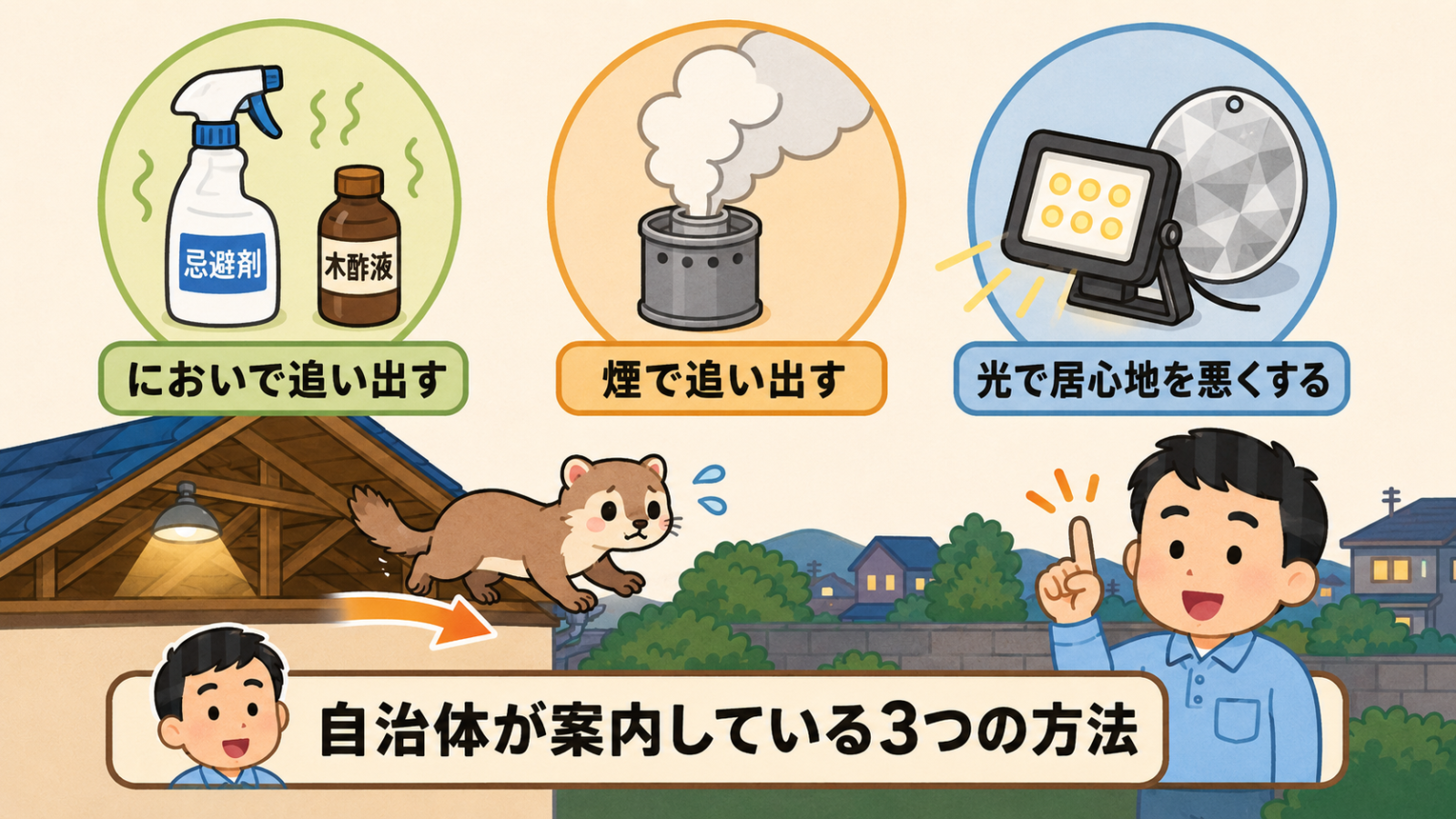 イタチを追い出す3つの方法を示した図解。忌避剤と木酢液のボトルで表したにおいで追い出す、くん煙剤の缶と煙で表した煙で追い出す、LEDライトと反射する円盤で表した光で居心地を悪くするの3つを横に並べている。屋根裏から外へ向かうイタチと、自治体が案内している3つの方法という帯を添えている。