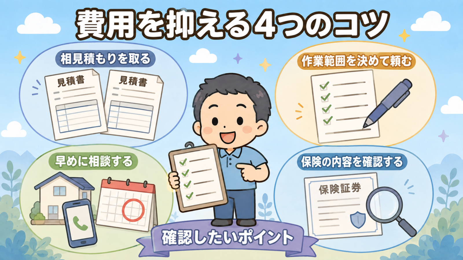 コウモリ駆除の費用を抑えるために確認したいポイント4つを示した図解。2枚の見積書で表した相見積もり、カレンダーと電話で表した早めの相談、チェックリストで表した作業範囲の確認、保険証券と虫めがねで表した保険内容の確認を並べ、守谷タクミが確認したいポイントとして案内している。