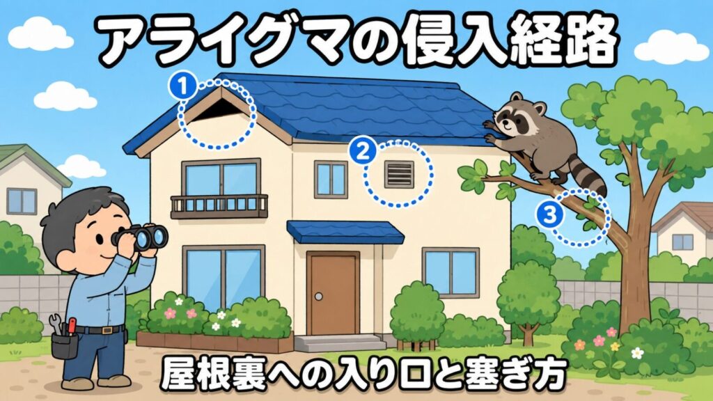 アライグマの侵入経路を解説する記事のメインアイキャッチ。作業着姿の守谷タクミが双眼鏡で二階建て住宅を見上げ、妻壁の開口部・壁の換気口・屋根に届く庭木の枝の3か所に丸い印が付き、右手の木の枝からしま模様の尻尾のアライグマが屋根へ渡ろうとしている場面を描いたいらすとや風イラスト。