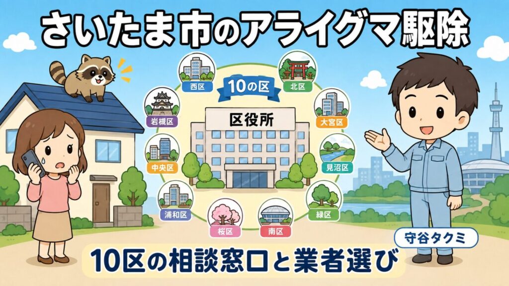 さいたま市のアライグマ駆除を解説する記事のメインアイキャッチ。中央の区役所の庁舎を10区のアイコンが囲み、左では電話を持つ困り顔の女性の家の屋根にしま模様の尻尾のアライグマがいて、右で作業着姿の守谷タクミが庁舎を手のひらで案内し、10区の相談窓口と業者選びという見出しを添えたいらすとや風イラスト。