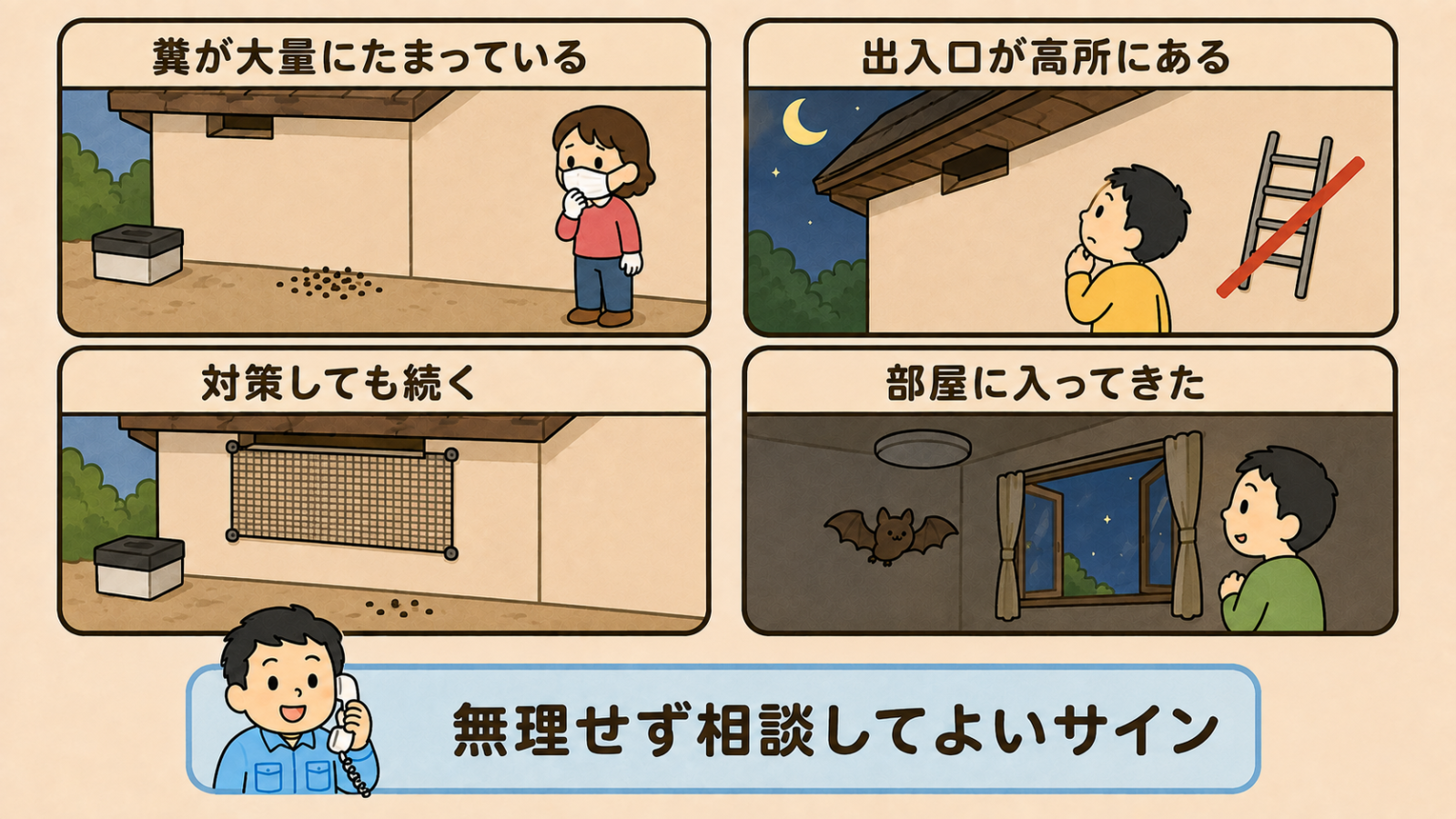 放置せず相談したい4つのケースを示した図解。糞が大量にたまっている、出入口が高所にあるとしてはしごに斜線、対策しても続くとして金網を付けた後も落ちる糞、部屋に入ってきたとして窓を開けて離れて見守る住人の4枚。受話器を持つ守谷タクミが無理せず相談してよいサインと伝えている。