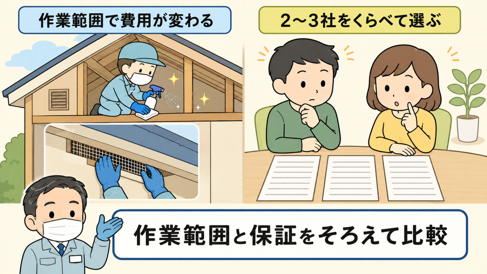 駆除費用と業者選びを示す図。左は屋根裏で消毒作業をする作業員と通気口に金網を取り付ける手元で、作業範囲で費用が変わるというラベル。右はテーブルに並んだ3枚の見積書を見比べる夫婦で、2〜3社をくらべて選ぶというラベル。下で守谷タクミが作業範囲と保証をそろえて比較と示している。