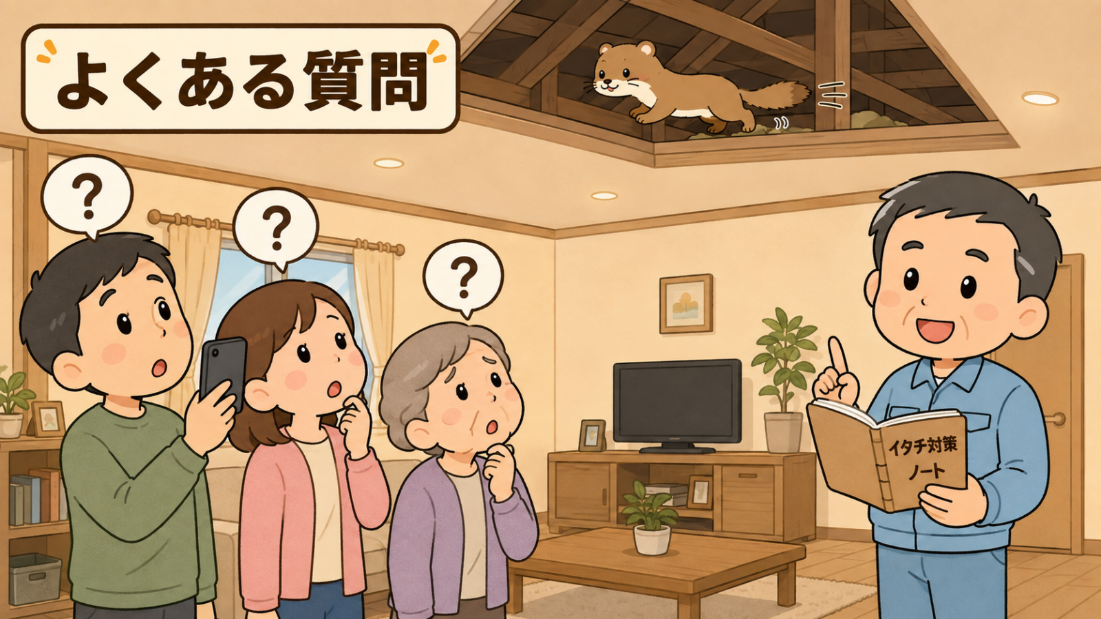 イタチの鳴き声に関するよくある質問のイラスト。室内のリビングで、男性・女性・高齢の女性の3人が天井を見上げ、それぞれ頭上に疑問符の吹き出しを浮かべている。男性はスマートフォンを天井に向けている。天井の一部が透けて天井裏のイタチが見え、右では作業着姿の守谷タクミがノートを開いて答えている。