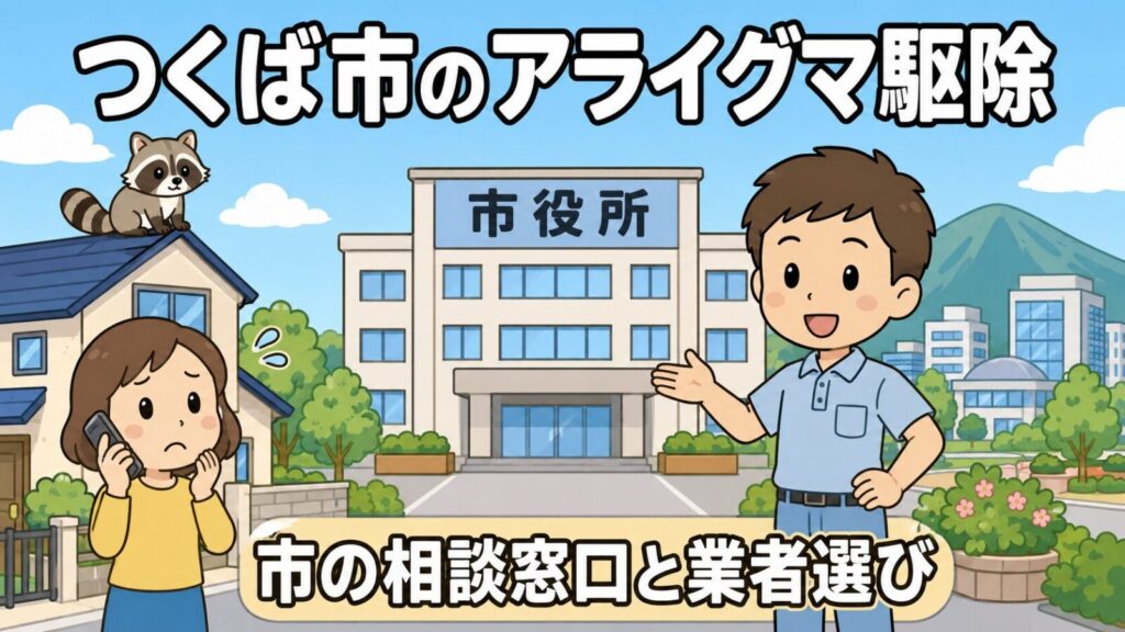 つくば市のアライグマ駆除を案内するイラスト。屋根にアライグマがいる家の前で困り顔の女性が電話をかけ、作業服姿の守谷タクミが市役所の建物を手のひらで案内している。背景に筑波山を思わせる山並みと研究学園都市風の建物群。市の相談窓口と業者選びを解説する記事の表紙。