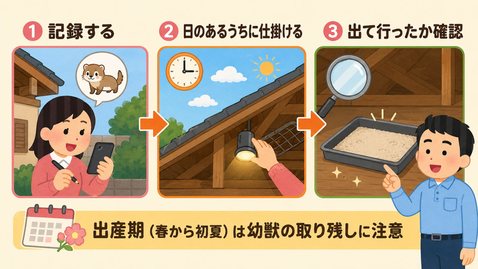 イタチの追い出しを進める3ステップの図解。1は記録するで、スマートフォンとペンで被害を書き留める住人。2は日のあるうちに仕掛けるで、明るい空の下、屋根裏にライトを設置する手元。3は出て行ったか確認するで、虫めがねと足跡を見る粉のトレイ。下に出産期は幼獣の取り残しに注意という帯がある。