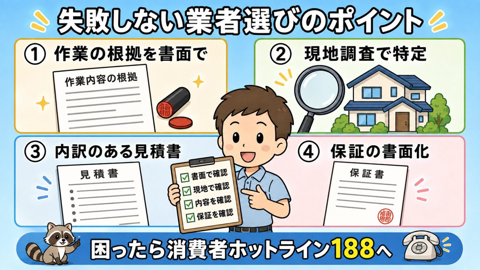 アライグマ駆除業者を選ぶ際の確認ポイント4つを示した図解。作業の根拠を書面で残す、現地調査で侵入口を特定する、内訳のある見積書をもらう、保証を書面化するの4点をカードで並べ、困ったときは消費者ホットライン188へ相談するよう案内している。