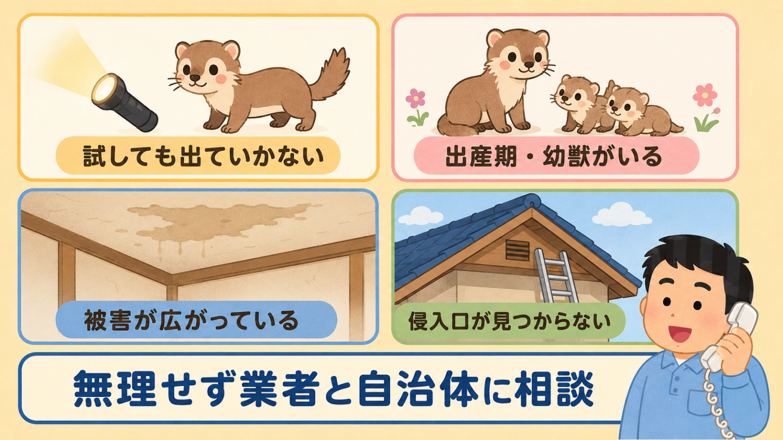 追い出しで効果が出ないケース4つを示した図解。ライトの横で平気な顔のイタチで表した試しても出ていかない、親子のイタチで表した出産期・幼獣がいる、天井のシミで表した被害が広がっている、高い屋根とはしごで表した侵入口が見つからないの4枚。下に無理せず業者と自治体に相談という帯がある。