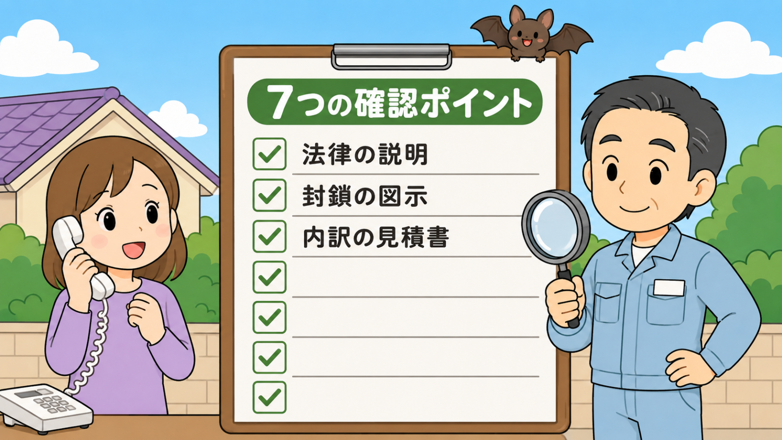 コウモリ駆除業者を選ぶときの7つの確認ポイントを示したチェックリストのイラスト。クリップボードに7行のチェック欄が並び、上から法律の説明、封鎖の図示、内訳の見積書と書かれている。左で受話器を持って業者に問い合わせる女性、右で虫めがねを持つ守谷タクミが確認を促している。