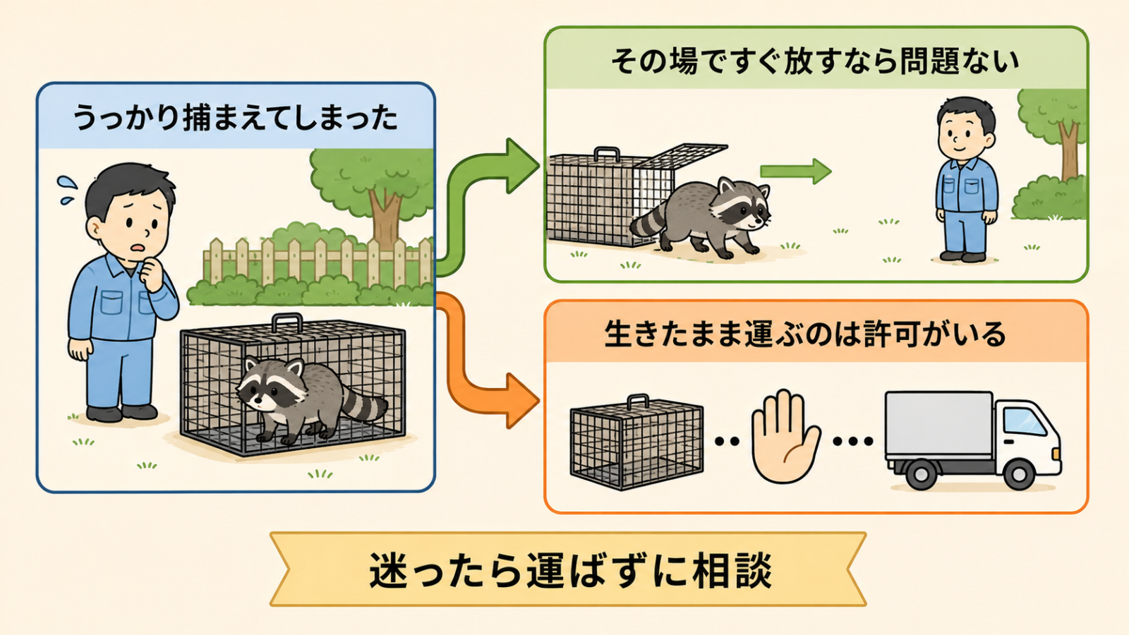 アライグマをうっかり捕まえてしまったときの分岐を示した図解。左は箱わなに入ったアライグマを前に困る住人。右上はその場ですぐ放すなら問題ないとして、開いた扉から出ていくアライグマ。右下は生きたまま運ぶのは許可がいるとして、箱とトラックの間に制止する手のひらを描いている。