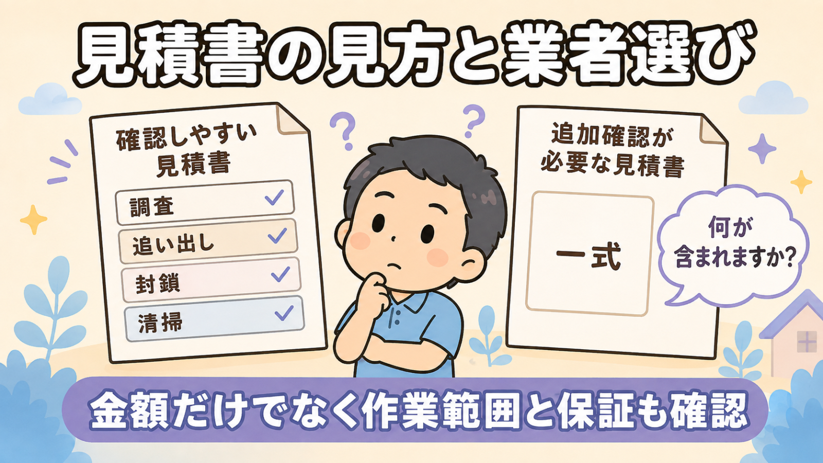 コウモリ駆除の見積書の見方を比較した図解。左は調査・追い出し・封鎖・清掃と項目が分かれた確認しやすい見積書、右は一式とだけ書かれ何が含まれるか質問が必要な見積書を並べている。金額だけでなく作業範囲と保証も確認するよう、守谷タクミが見比べている。