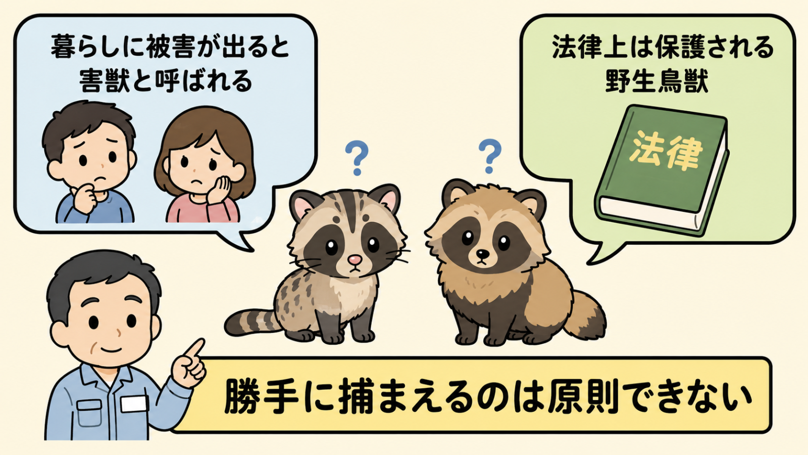害獣という呼び方と法律上の扱いを示す図解。中央にきょとんとしたハクビシンとタヌキが並び、左の吹き出しでは困り顔の夫婦とともに暮らしに被害が出ると害獣と呼ばれると説明し、右の吹き出しでは法律の本とともに法律上は保護される野生鳥獣と示す。下の帯で守谷タクミが勝手に捕まえるのは原則できないと伝えている。