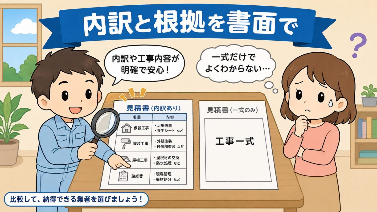 見積書を見比べる場面の図解。内訳が項目ごとに書かれた見積書と、工事一式とだけ書かれた見積書を並べ、守谷タクミが虫めがねで内訳のある見積書を指し、右側の住民が一式だけではよくわからないと戸惑い、内訳と根拠を書面でという見出しを掲げたいらすとや風イラスト。