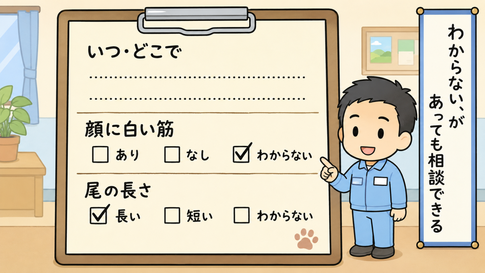 見た内容を書き留める記録シートの図解。クリップボードの用紙に、いつ・どこでの記入欄、顔に白い筋のあり・なし・わからない、尾の長さの長い・短い・わからないというチェック欄が並んでいる。わからないにチェックが入っており、守谷タクミがわからないがあっても相談できると伝えている。