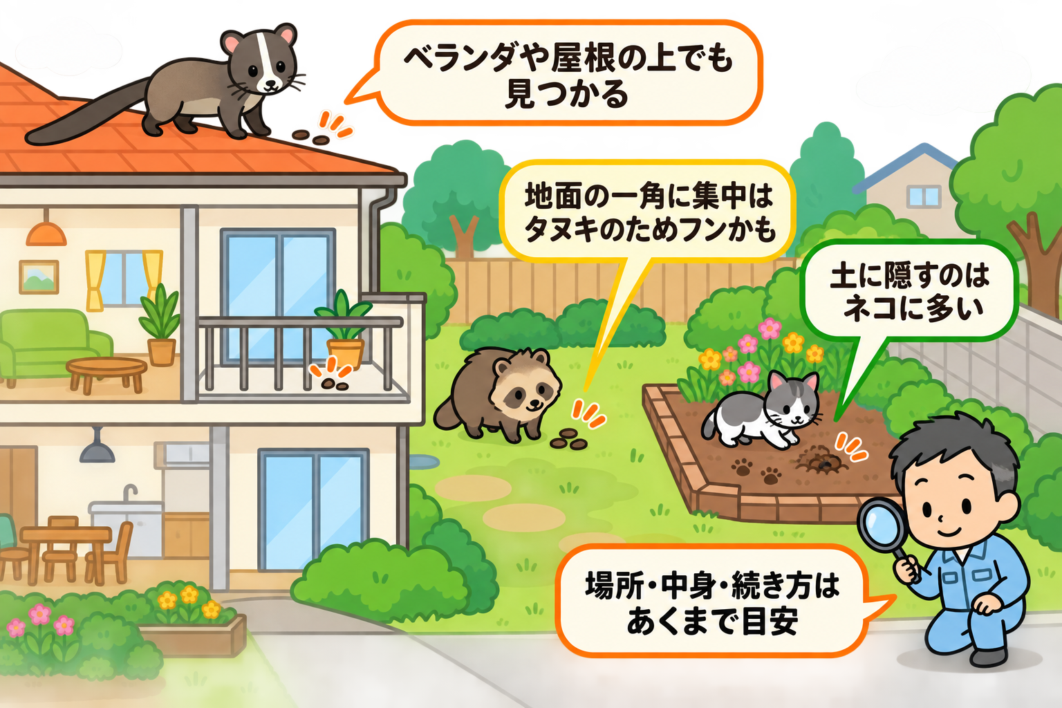 フンのあった場所で候補を絞り込む住宅と庭の断面イラスト。屋根の上を白い縦スジのあるハクビシンが歩き、ベランダや屋根の上でも見つかるという吹き出し。庭の芝生ではタヌキのそばに、地面の一角に集中はタヌキのためフンかもというラベル。花壇ではネコに、土に隠すのはネコに多いというラベルが付く。右下で守谷タクミが虫めがねを持ち、場所・中身・続き方はあくまで目安と補足している。