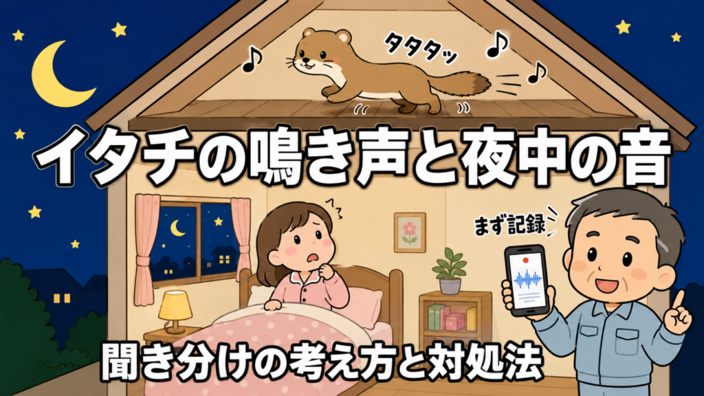 イタチの鳴き声と夜中の音を解説するアイキャッチイラスト。夜の住宅の断面図で、天井裏をかわいいイタチが走り、タタタッの擬音と音符が飛んでいる。1階の寝室ではパジャマ姿の女性が起き上がって天井を見上げ、右で作業着姿の守谷タクミが録音画面を表示したスマートフォンを持ち、まず記録と案内している。