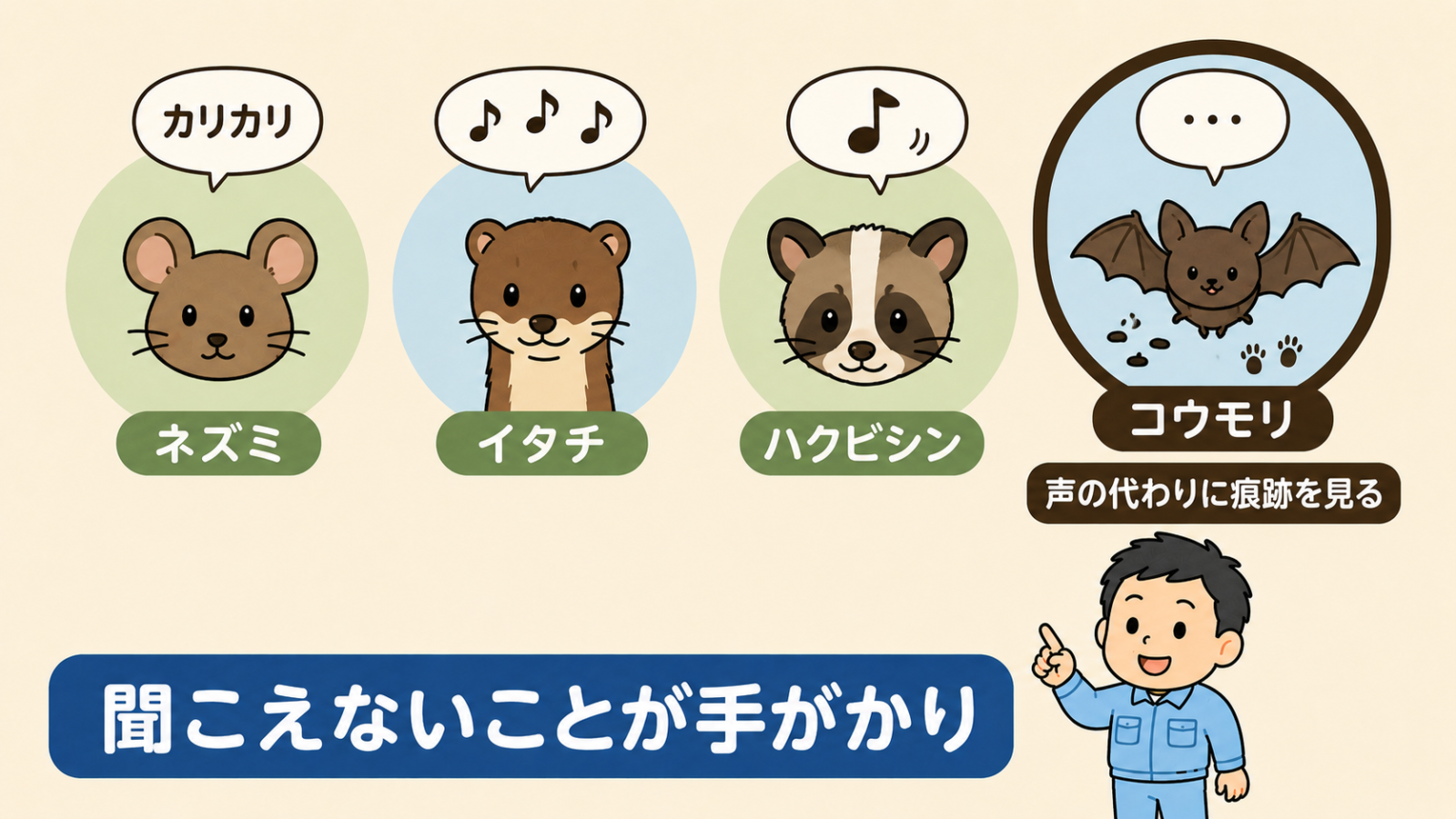 夜に音を立てる動物4種を吹き出しで比べた図解。ネズミはカリカリの擬音、イタチとハクビシンは音符の吹き出し。コウモリだけ吹き出しの中が三点リーダーで空になっており、足元に糞と足跡を添えて声の代わりに痕跡を見ると示している。下に聞こえないことが手がかりという帯がある。