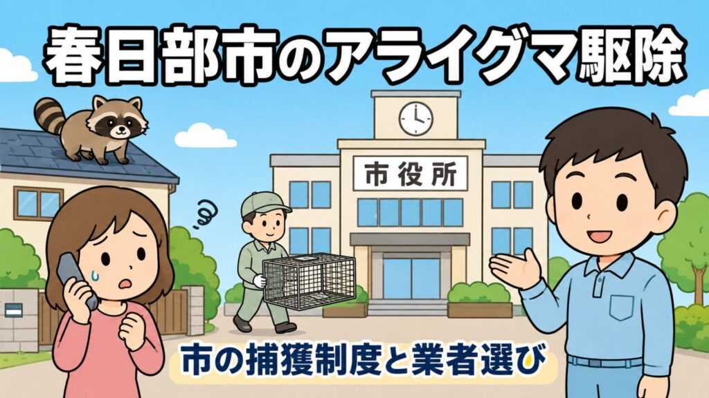 春日部市のアライグマ駆除を解説する記事のメインアイキャッチ。時計台のある市役所の庁舎を中央に、左では電話をかける困り顔の女性の家の屋根にしま模様の尻尾のアライグマがいて、庁舎の前を作業着の委託業者が空の捕獲器を運び、右で守谷タクミが庁舎を手のひらで案内するいらすとや風イラスト。