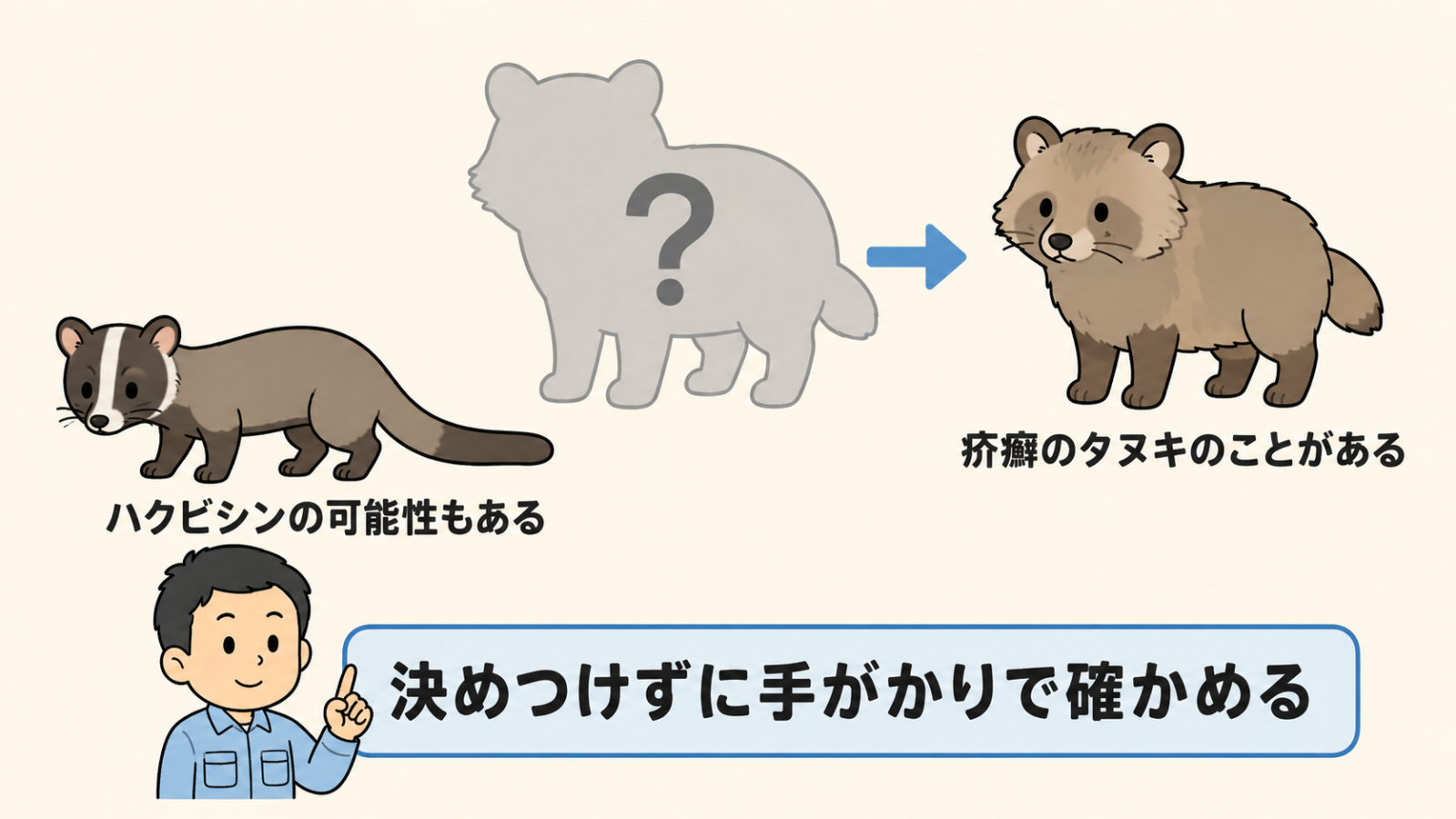 毛が抜けた動物の正体を決めつけずに確かめることを示した図解。中央に疑問符の付いた毛の薄い動物のシルエットがあり、右へ矢印がのびて疥癬のタヌキのことがあるというラベル。左下にはハクビシンの姿とハクビシンの可能性もあるというラベル。下で守谷タクミが決めつけずに手がかりで確かめると伝えている。