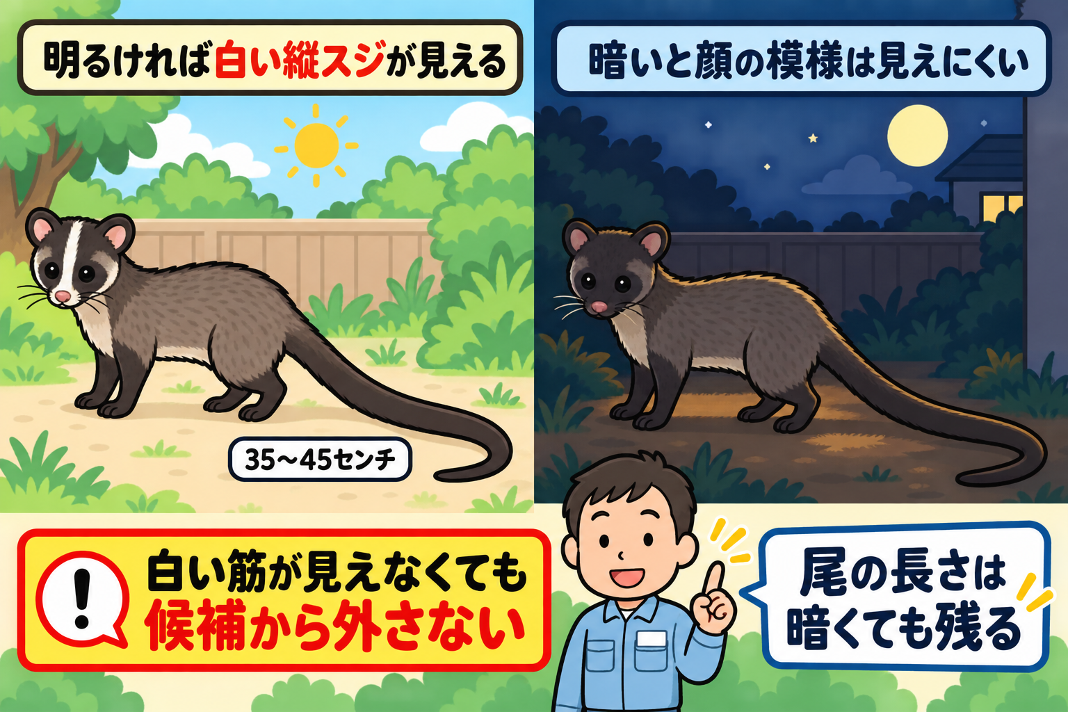 ハクビシンの見え方を昼と夜で比べた図解。左は明るい昼で、顔の中央の白い縦スジがはっきり見え、長い尾に35〜45センチの表示がある。右は夜で、同じハクビシンの顔の模様は見えにくいが、細長い体と長い尾の輪郭は残っている。下に白い筋が見えなくても候補から外さないという注意帯がある。