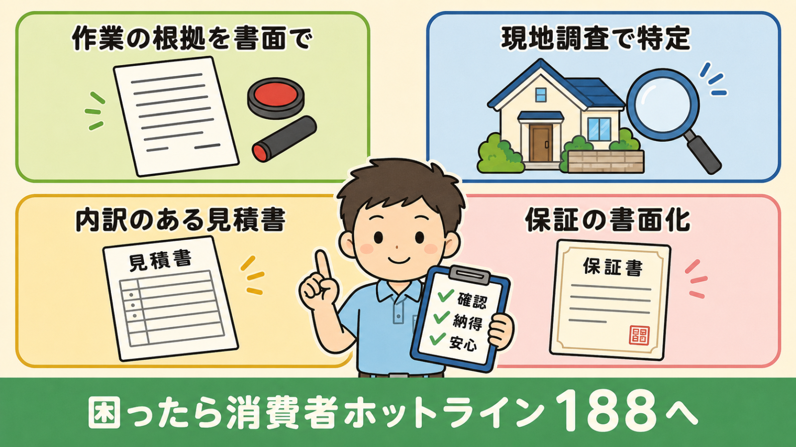 アライグマ駆除業者を選ぶ際の確認ポイント4つを示した図解。作業の根拠を書面で残す、現地調査で侵入口を特定する、内訳のある見積書をもらう、保証を書面化するの4点をカードで並べ、守谷タクミが確認事項のボードを手に、困ったときは消費者ホットライン188へ相談するよう案内している。