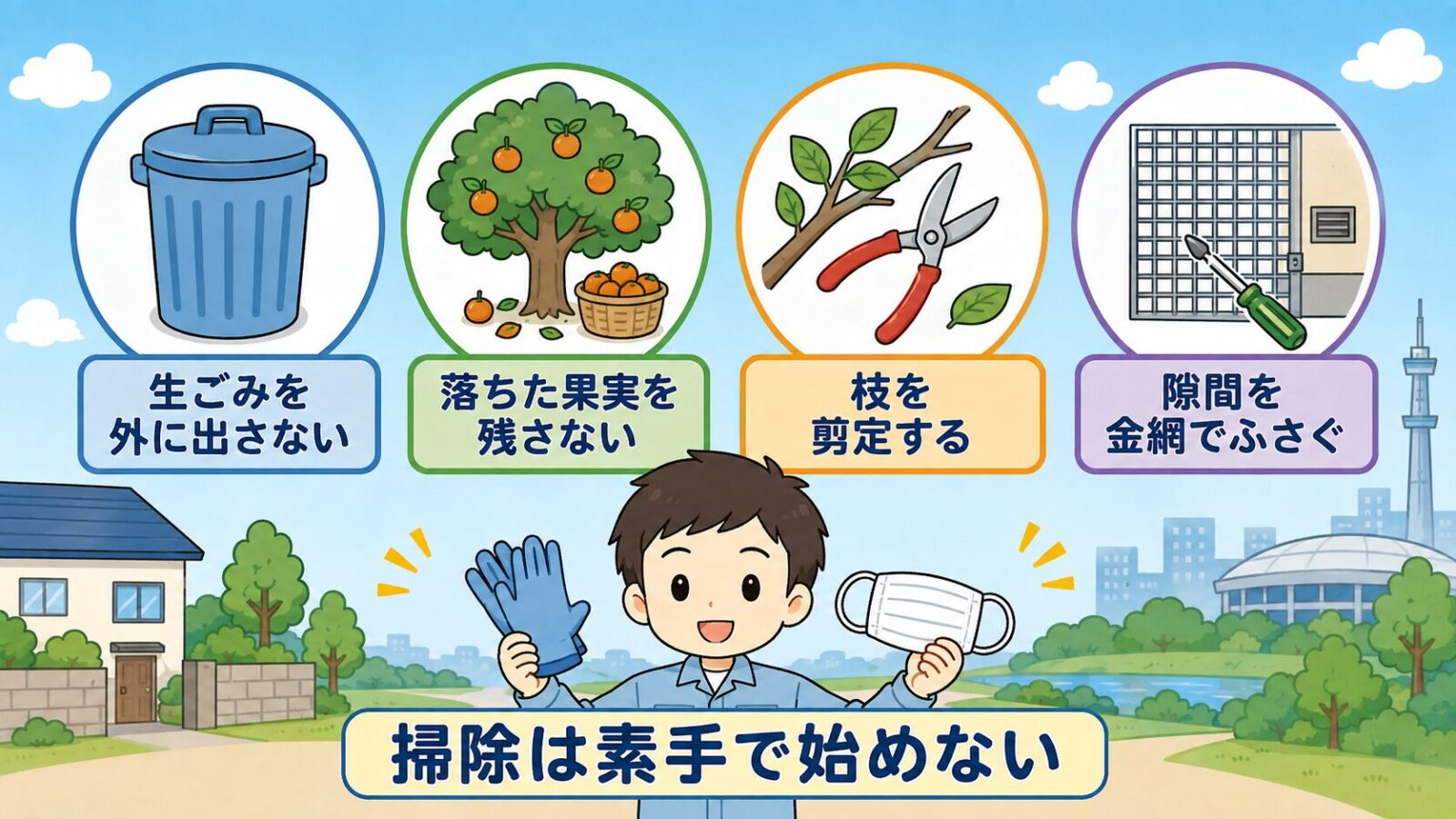 自分でできる予防策を4項目並べた図解。ふた付きのごみ箱で生ごみを外に出さない、果樹と収穫かごで落ちた果実を残さない、剪定ばさみで枝を剪定する、金網とドライバーで隙間をふさぐ、の4つを示し、下部で守谷タクミが手袋とマスクを持ち掃除は素手で始めないと呼びかけるいらすとや風イラスト。