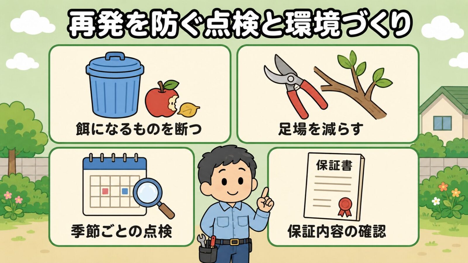 再発を防ぐ点検と環境づくりの4項目を並べた図解。ふた付きのごみ箱と果実で餌になるものを断つ、剪定ばさみと枝で足場を減らす、カレンダーと虫めがねで季節ごとの点検、保証書で保証内容の確認、の4つを配置し、中央下で守谷タクミが指を立てて解説するいらすとや風イラスト。