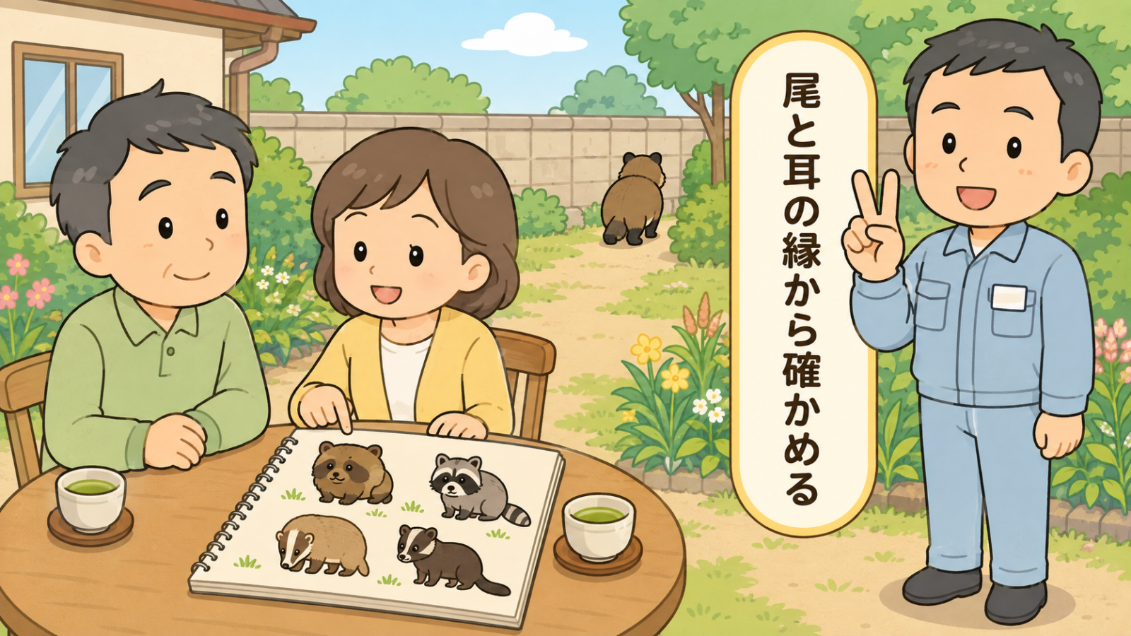 照合を終えて安心した様子のまとめイラスト。朝の庭のテーブルで夫婦が動物の絵が並ぶノートを見ながら話し、右で守谷タクミが指を2本立てて尾と耳の縁から確かめると示している。奥の庭を、縞のない短い尾のタヌキが家から離れる方向へ歩いていく。