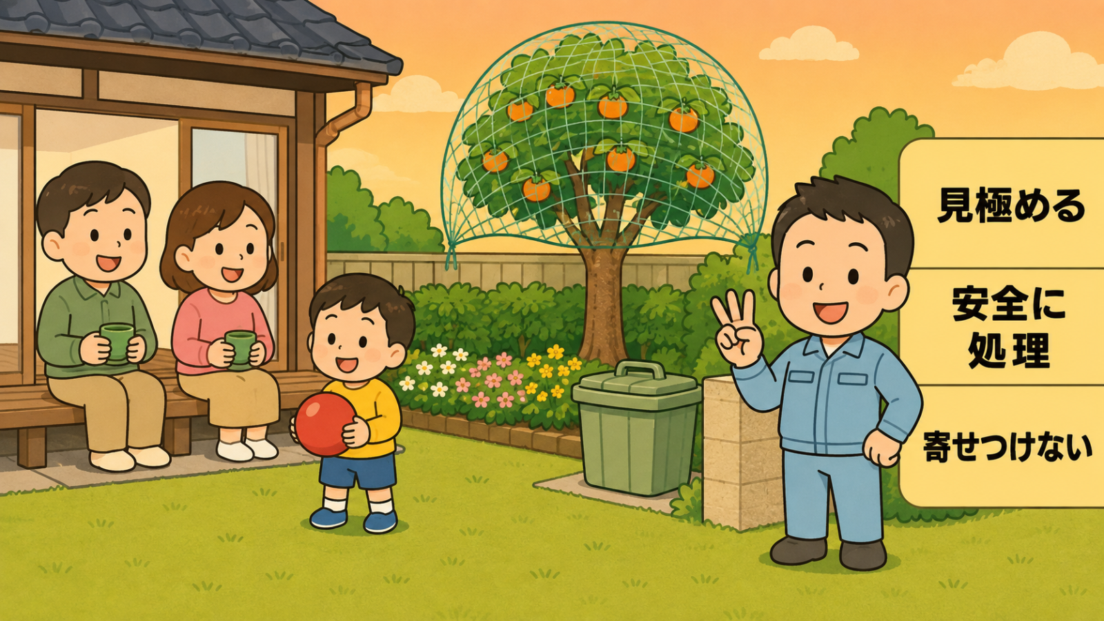 対策を終えて安心した庭を描いたまとめのイラスト。夕方の庭で夫婦が縁側に座ってお茶を飲み、子どもがボールを持って笑っている。柿の木には防獣ネットがかけられ、ふた付きのごみ箱がきちんと閉まっている。右で守谷タクミが指を3本立て、見極める・安全に処理・寄せつけないという3つの行動指針を示している。