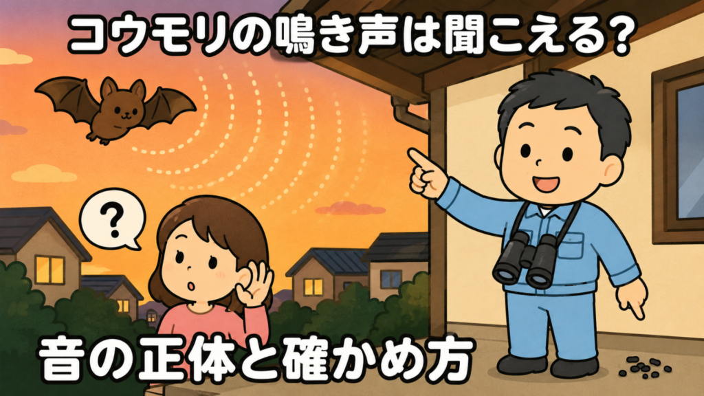コウモリの鳴き声は聞こえるのかを解説するアイキャッチイラスト。夕焼けの住宅街で、かわいいコウモリが飛びながら点線の波紋を出しているが、波紋は途中で薄く消えていく。下では女性が耳に手を当てて疑問符を浮かべ、右では双眼鏡を下げた守谷タクミが軒先と足元の小さな糞を指し示している。