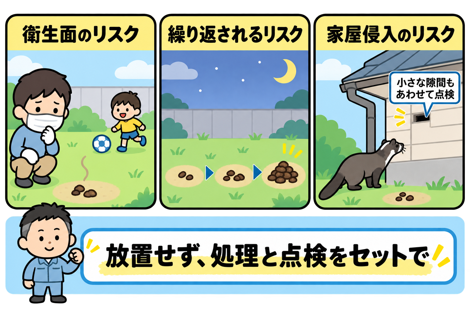 庭のフンを放置する3つのリスクを示した3枚のカード。左は衛生面のリスクで、マスクと手袋を着けた男性がフンを確認し、子どもは離れた場所でボール遊びをしている。中央は繰り返されるリスクで、夜の庭で同じ場所のフンが3段階で増えていく様子。右は家屋侵入のリスクで、換気口をのぞき込むハクビシンに、小さな隙間もあわせて点検という吹き出し。下で守谷タクミが、放置せず処理と点検をセットでと呼びかけている。