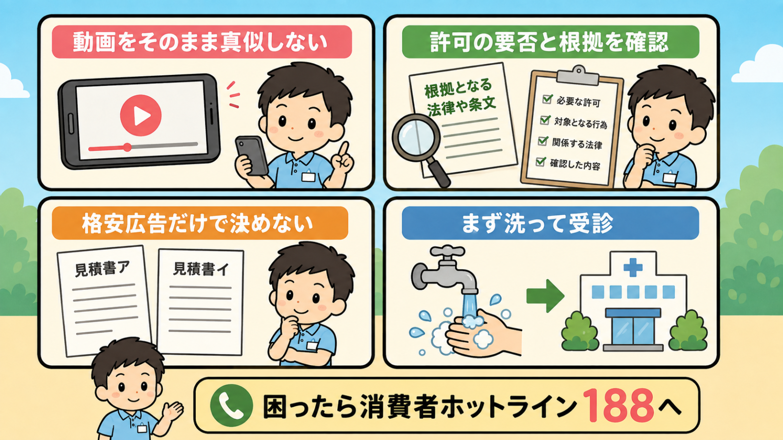 害獣捕獲でトラブルを避けるための確認ポイント4つを示した図解。動画をそのまま真似しない、許可の要否と根拠を確認する、格安広告だけで決めず見積もりを比べる、咬まれたらまず洗って受診するの4点を示し、困ったときは消費者ホットライン188へ相談するよう案内している。