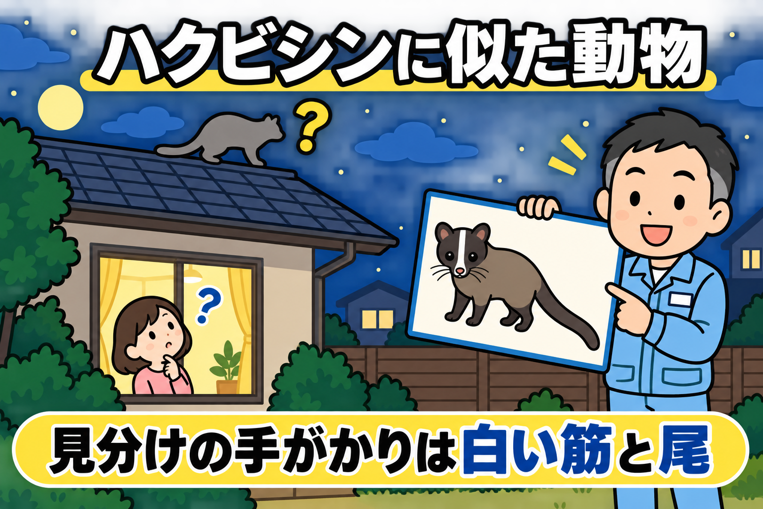 ハクビシンに似た動物の見分け方を解説するアイキャッチイラスト。夜の住宅の屋根の上に、種類のわからない中型動物のシルエットが疑問符とともに立っている。窓の内側では女性が見上げて首をかしげ、右では作業着姿の守谷タクミが、顔の白い縦スジと長い尾を描いたハクビシンのボードを示している。