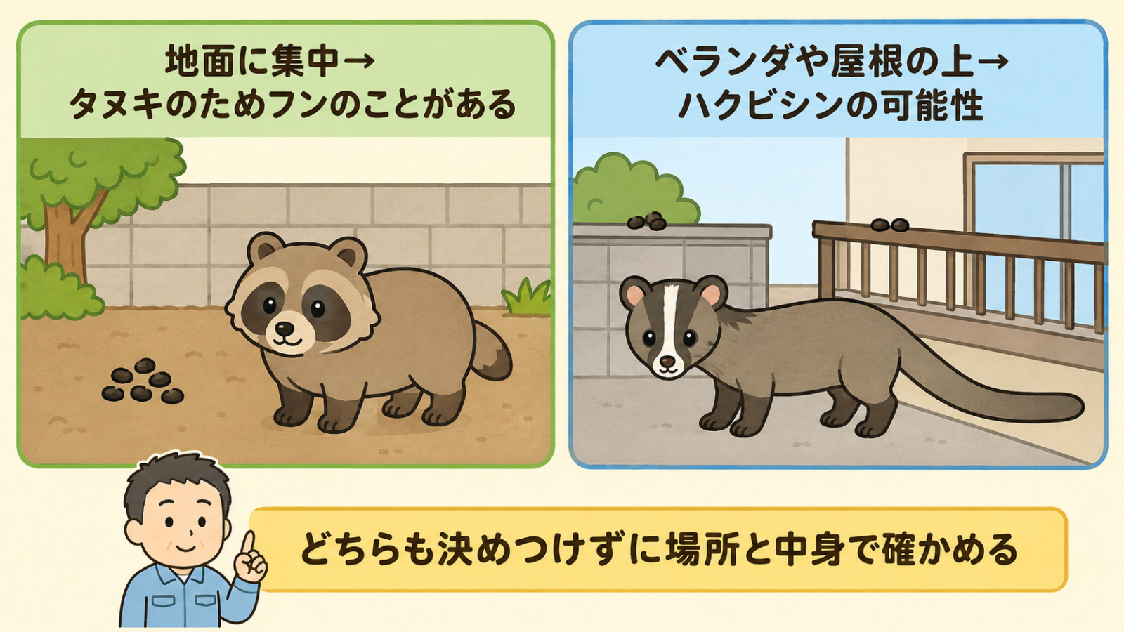 庭のフンの正体を決めつけずに整理する比較図。左のカードでは庭の地面の一角に集中したフンの山とタヌキが描かれ、地面に集中はタヌキのためフンのことがあるというラベル。右のカードでは塀とベランダの手すりのフンと顔に白い縦スジのあるハクビシンが描かれ、ベランダや屋根の上はハクビシンの可能性というラベル。下で守谷タクミが、どちらも決めつけずに場所と中身で確かめると案内している。