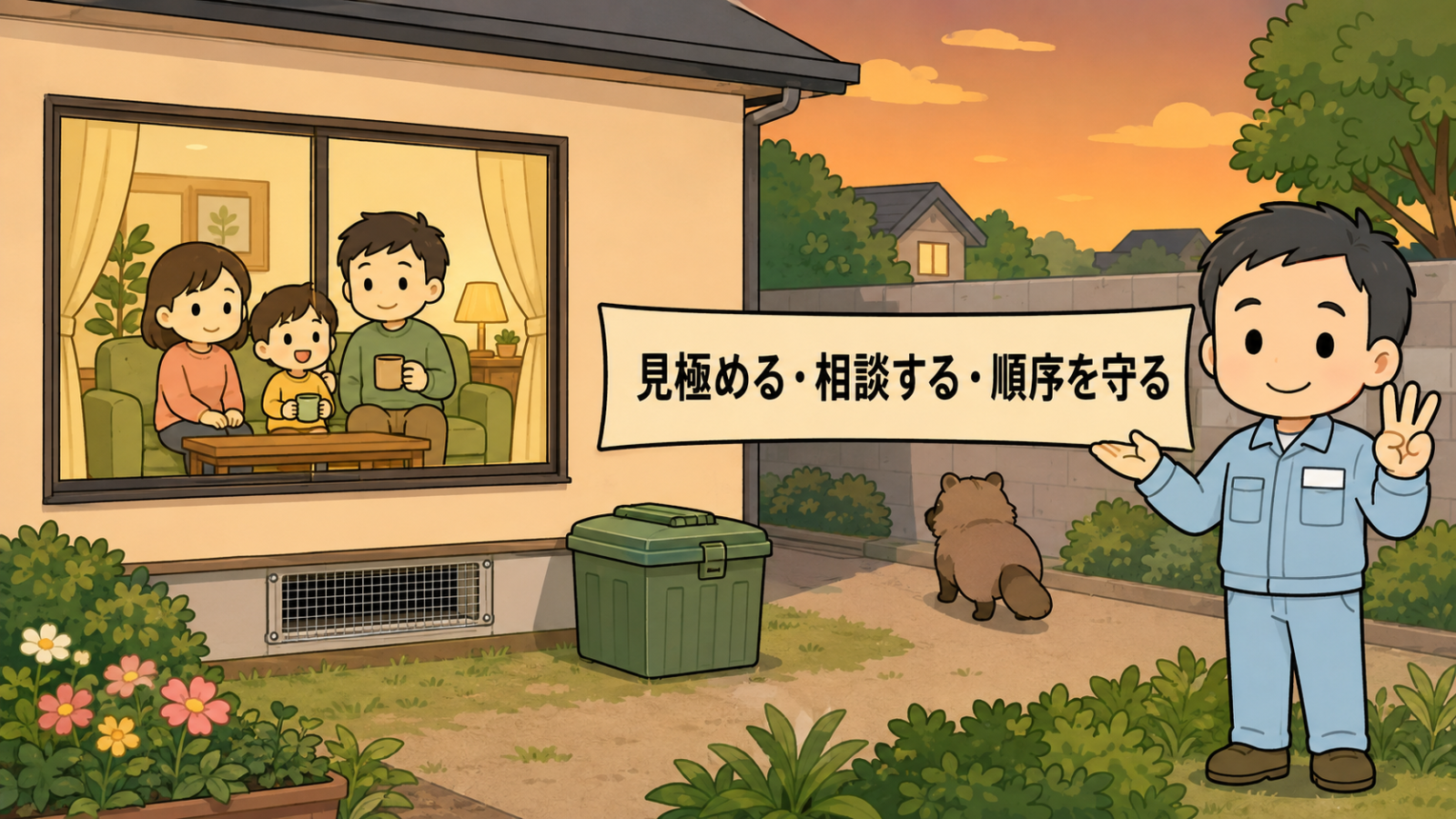 対処を終えて安心した家を描いたまとめイラスト。夕方の住宅で家族3人が窓越しにくつろぎ、基礎の通気口には金網が付き、ごみ箱はふたが閉まり、塀の向こうへタヌキが離れていく。右で守谷タクミが指を3本立てて、見極める・相談する・順序を守ると示している。